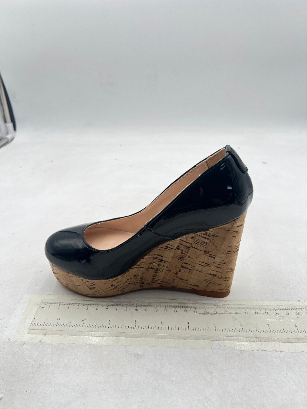 XYD Black Round Toe Wood Platform Pumps Slip On Patent Wedge Cork High Heel Shoe